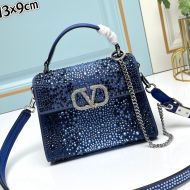 Valentino Mini Vsling Handbag with Sparkling Crystals In Calfskin Navy Blue