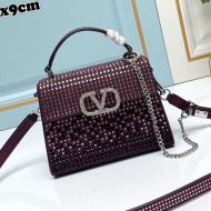 Valentino Mini Vsling Handbag with Sparkling Crystals In Calfskin Purple/Black