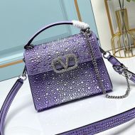 Valentino Mini Vsling Handbag with Sparkling Crystals In Calfskin Purple/Silver