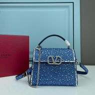 Valentino Mini Vsling Handbag with Sparkling Crystals and Jewel Embroidery In Calfskin Navy Blue