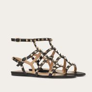 Valentino Rockstud Flat Sandals with Ankle Strap Women Calfskin Black