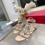 Valentino Rockstud Flat Sandals with Ankle Strap Women Calfskin Khaki