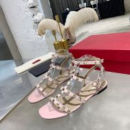 Valentino Rockstud Flat Sandals with Ankle Strap Women Calfskin Pink