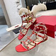 Valentino Rockstud Flat Sandals with Ankle Strap Women Calfskin Red