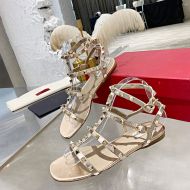 Valentino Rockstud Flat Sandals with Ankle Strap Women Calfskin Rose Gold