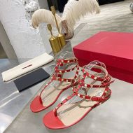 Valentino Rockstud Flip-Flop Flat Sandals Women Calfskin Red