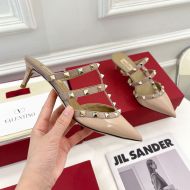 Valentino Rockstud Heeled Mules with Straps Women Patent Leather Khaki