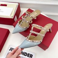 Valentino Rockstud Heeled Mules with Straps Women Patent Leather Sky Blue