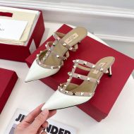 Valentino Rockstud Heeled Mules with Straps Women Patent Leather White