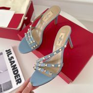 Valentino Rockstud Heeled Slides with Asymmetric-Straps Women Calfskin Sky Blue