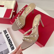 Valentino Rockstud Heeled Slides with Asymmetric-Straps Women Calfskin Taupe