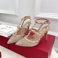 Valentino Rockstud Pumps Women Mesh With Crystals And Straps Apricot