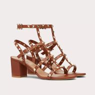 Valentino Rockstud Sandals with Ankle Strap Women Calfskin Brown