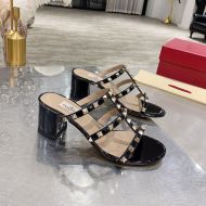 Valentino Rockstud Thick-Heeled Slides Women Patent Leather Black