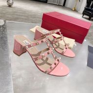 Valentino Rockstud Thick-Heeled Slides Women Patent Leather Pink