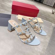 Valentino Rockstud Thick-Heeled Slides Women Patent Leather Sky Blue