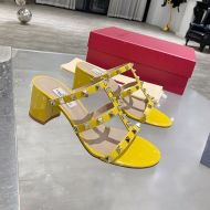 Valentino Rockstud Thick-Heeled Slides Women Patent Leather Yellow