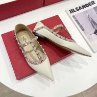 Valentino Rockstud Ballerina Flats with T-Strap Women Patent Leather Beige