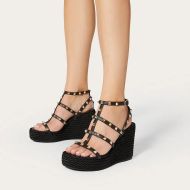 Valentino Rockstud Wedges with Ankle Strap Women Calfskin Black