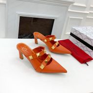 Valentino Roman Stud Heeled Mules with Straps Women Calfskin Orange 