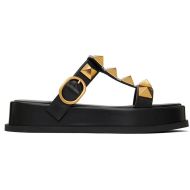 Valentino Roman Stud Platform Slides with T-Strap Women Calfskin Black