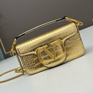 Valentino Small Loco Shoulder Bag In Crocodile Embossed Leather Gold