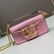 Valentino Small Loco Shoulder Bag In Crocodile Embossed Leather Pink