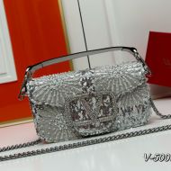 Valentino Small Loco Shoulder Bag with Floral 3D Embroidery and Pearl Crystals In Calfskin Grey