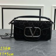 Valentino Small Loco Shoulder Bag with Jewel Embroidery In Toile Iconographe Fabric Black