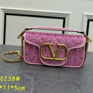 Valentino Small Loco Shoulder Bag with Jewel Embroidery In Toile Iconographe Fabric Pink