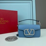 Valentino Small Loco Shoulder Bag with Jewel Logo In Calfskin Sky Blue