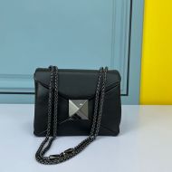 Valentino Small One Stud Shoulder Bag with Chain In Grainy Calfskin Black