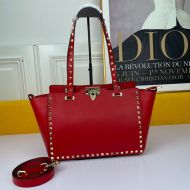 Valentino Small Rockstud Tote In Grainy Calfskin Red