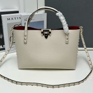 Valentino Small Rockstud Tote with Interior Pouch In Grainy Calfskin White