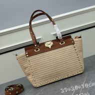 Valentino Small Rockstud Tote In Riffia Beige