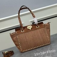 Valentino Small Rockstud Tote In Riffia Brown