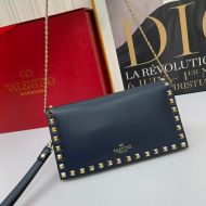 Valentino Small Rockstud Wristlet Clutch with Chain In Calfskin Navy Blue