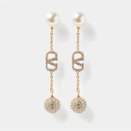 Valentino Small VLogo Signature Chain Earrings In Metal with Pearls and Crystal Balls Gold