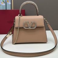 Valentino Small Vsling Handbag with Crocodile Leather and Jewel Embroidery In Calfskin Apricot