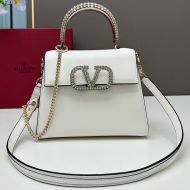 Valentino Small Vsling Handbag with Crocodile Leather and Jewel Embroidery In Calfskin White