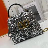 Valentino Small Vsling Handbag with 3D Embroidery In Calfskin Grey