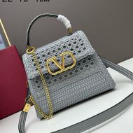 Valentino Small Vsling Handbag In Woven Calfskin Sky Blue