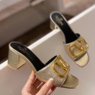 Valentino VLogo Signature Thick-Heeled Slides Women Grainy Calfskin Gold